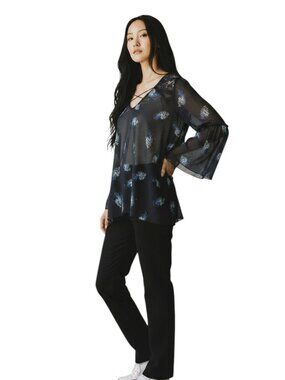 Womens Plus Size 22 Sheer Blouse Top Black Blue Bell Sleeve Lace Cross Front